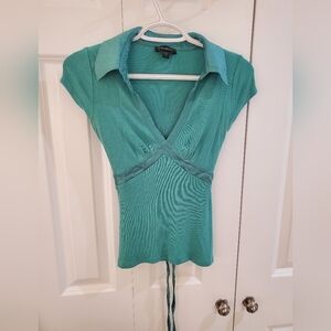Bebe silk trimmed top with tie small green blue